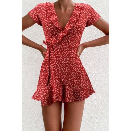 Summer Women Floal A-Line Dress Sweet Elegant Floral Ruffles V-neck Bandage Short Dress for Lady Chic Flowers Mini Dress