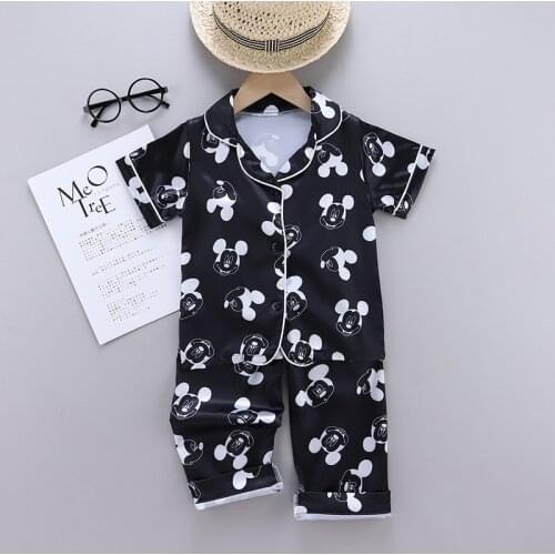 Summer Girls Baby Ice Silk Short Sleeve Pajamas Cartoon Disney Mickey Children Clothing Set Kids Casual Baby Boys Sleepwear Suit