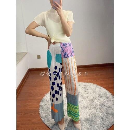 HOT SELLING Miyake Fashion fold print straight pants Thin trousers IN STOCK