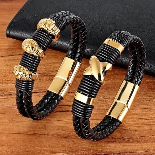 Fashion Cross Skull Punk Rock Stainless Steel Bracelet For Men Magnetic Buckle Black Leather Charm Handmade Braid Jewelry Gift