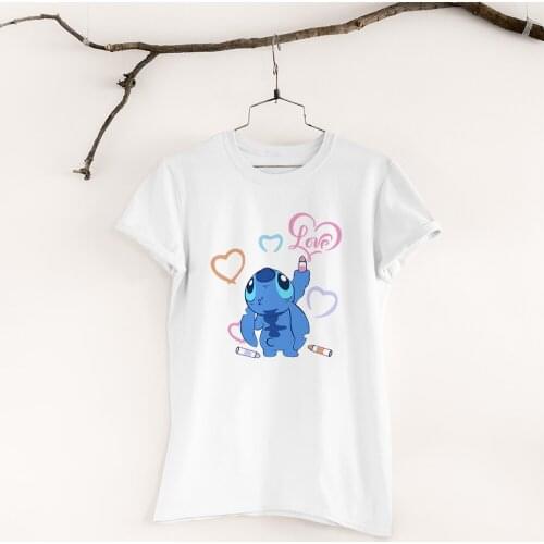 New T-Shirt Female Harajuku Style Black White Tee Kawaii Casual Top Clothes Short Sleeve Disney Lilo & Stitch Printing Drop Ship