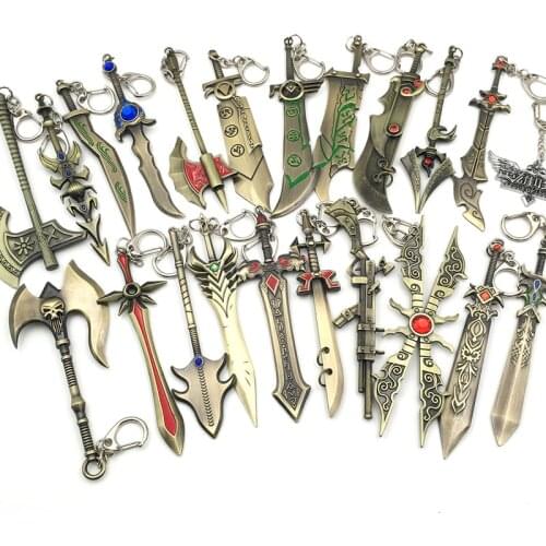 Wholesale 24pcs/lot Game Jewelry Lol Weapon Keychain Metal Alloy Key Rings Key Holder For Players Gifts Mix Designs