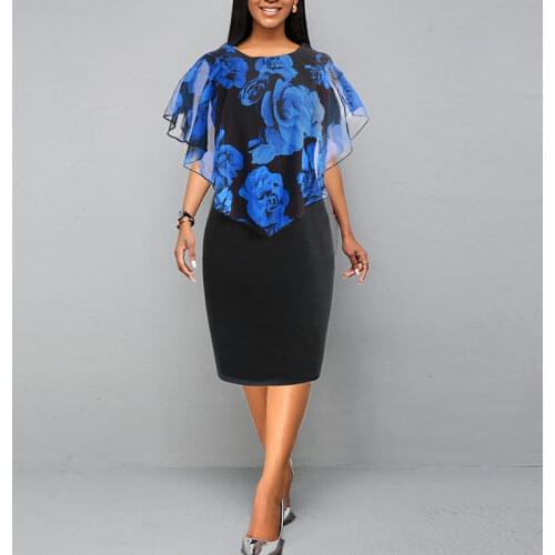 MISSJOY Women Elegant Office Lady O-Neck Cloak Dress Rose Print Shawl Slim Fit Party Gowns Bodycon African Outfit Vestidos Femme