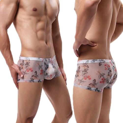 Sexy Lingerie Boxer Shorts Flower Printed Sissy Mesh Transparent Gay Underwear Hot Erotic Penis Pouch Boxershorts Gay Panties