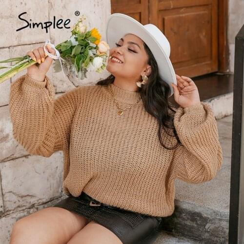 Simplee Causal lantern sleeve plus size sweater autumn Loose round neck womens jumper solid Office lady off shoulder pullover