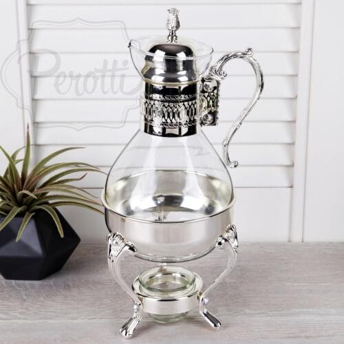 Glass Metal Silver Engraved Glass Fondue Pot Urn Handmade Embroidered Bottom Waxy Isıtıcılı Fondue