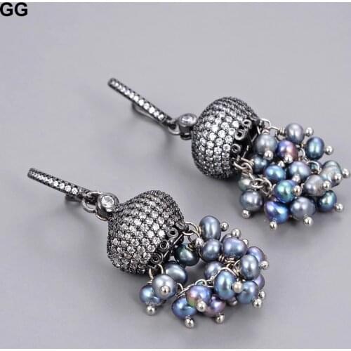 GuaiGuai Jewelry Natural Pearl Round Black Pearl Earrings CZ Lever back Hook