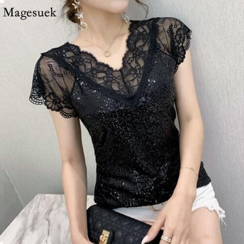 2021 Summer V Neck Black Lace Sexy New Women Tops Glitter Sequin Gauze Patchwork Blouse Elegant Short Sleeve Slim T-shirt 14652