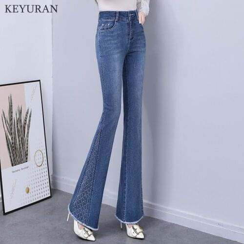 Flare Pants Jeans Women 2021 Spring Slim Wide Leg Ladies Denim Trousers Elastic High Waist Pantalon Jean Femme Woman Jeans