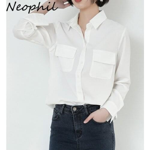 Neophil Women Safari Style Pockets Leisure White Shirts 2021 Autumn Long Sleeve Minimalist Female Blouse Roupas Femininas B21812