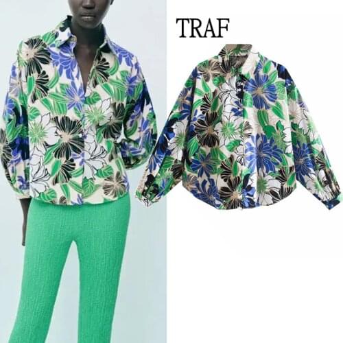 TRAF Za 2021 Women Shirts Vintage Floral Button Shirt Long Sleeve Top Women Clothing Loose Lapel Irregular Short Women Blouse
