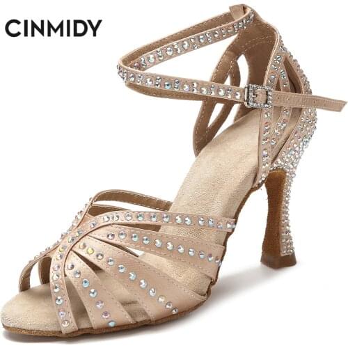 CINMIDY New Women Dance Shoes Latin Ballroom Dance Training Shoes Ladys Girls Sandals Rhinestone Wedding Heels Minimalist Style