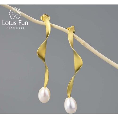 Lotus Fun Natural Pearl 18K Gold Long Wave Twisted Dangle Earrings For Women 925 Sterling Silver Fashion Jewelry 2021 Trend New