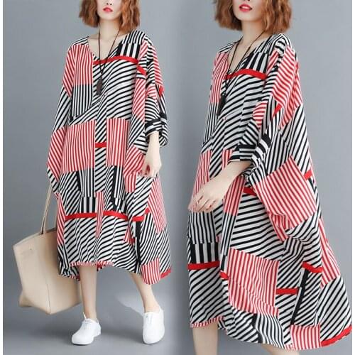 2020 Summer Dress Women Beach Irregular bat sleeve Long Dresses Striped Vintage Plus Size Dress Loose Sundress Female Vestidos