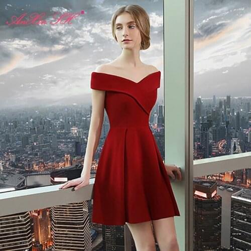 AnXin SH celebrity party wine red satin short evening dress princess boat neck white evening dress little black dress 1329
