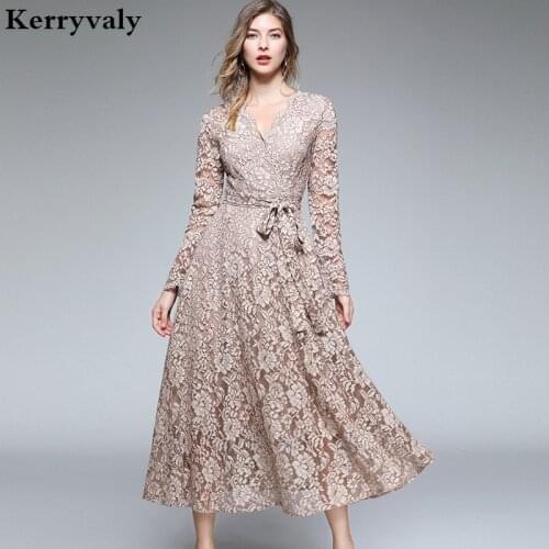 Autumn Women Long Sleeves Maxi Dress Vetement Femme 2021 Fall V-Neck Long Party Lace Dress Vestidos Longos K3509
