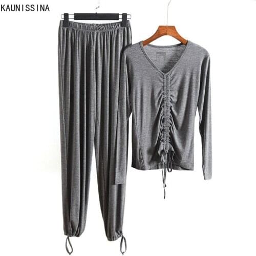 Women Nightwear Pajamas Set V-Neck Long Sleeve Tops Long Pants Spring Autumn Sleepwear Suit Female Home Wear Loungewear Clothes