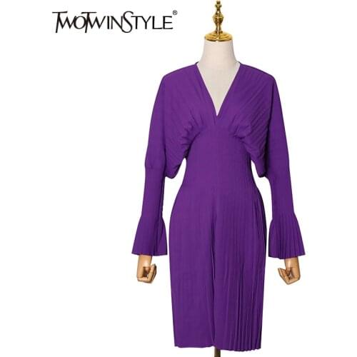 TWOTWINSTYLE Vintage Printed Pleated Dress For Women V Neck Flare Sleeve High Waist Elegant Dresses Female Fashion New Clothes