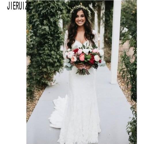 JIERUIZE Modest Sexy Lace Mermaid Wedding Dresses V Neck Long Sleeve Button Back Wedding Gowns Lace Appliques Vestido de Noiva