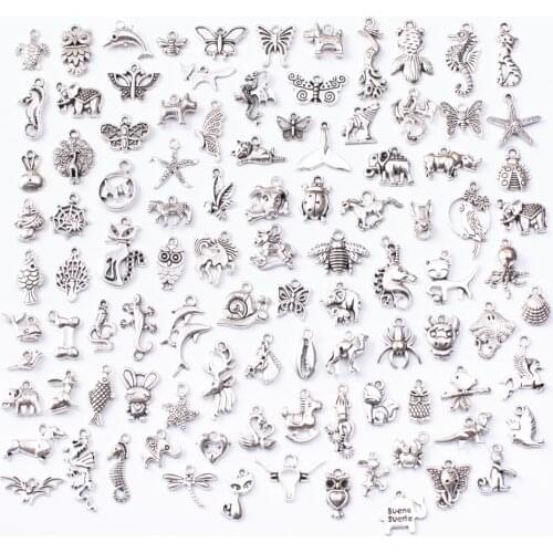 Animal series 100pcs Tibetan Silver Mixed Styles Charms Pendants DIY Jewelry for Necklace Bracelet Making Accessaries js2230