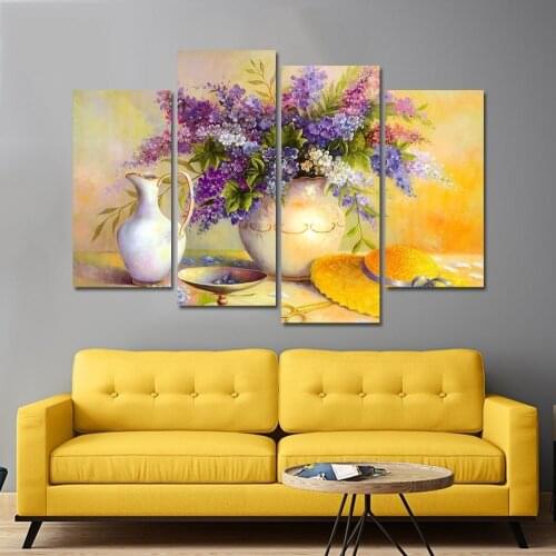 4 Pcs Unframed Canvas Art White Vase Purple Flower HD Printed Canvas Painting Home Decor Wall Art Poster Picture for Living Room