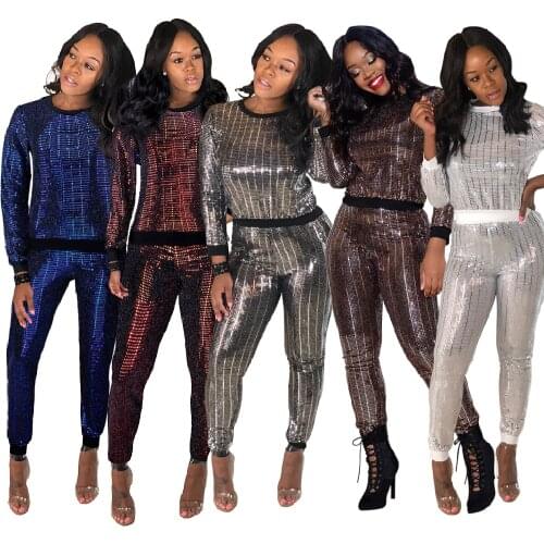 6Y122 Autumn Winter Women Outdoor Casual Sports Home Solid Sequins Two Piece Set Top and Pants Tracksuit Sweatsuit Outfits