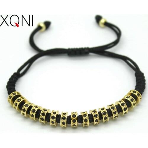 Fashion Women Macrame Bracelets,6MM Gold Color Micro Pave Black CZ Stoppers Beads Strand Macrame Charm Bracelet For Women