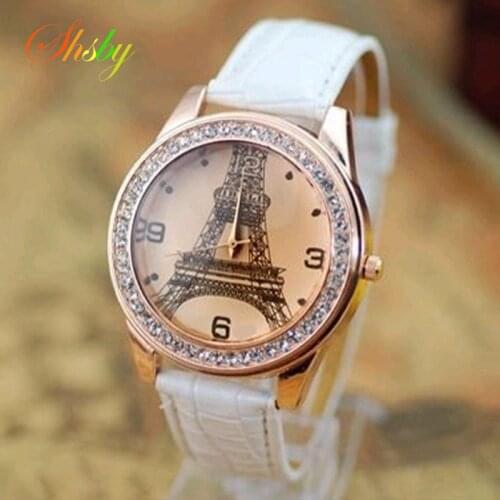 Shsby Fashion Paris Eiffel Tower Ladies Leather strap watches Women Rhinestone Watches Women Dress Wristwatch gift wholesale