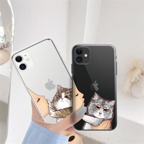 Cute cartoon cat phone case For iPhone 12 11 Pro Max Mini X XR XS 7 8 Plus SE 2020 Soft TPU Shockproof Clear Cover Coque