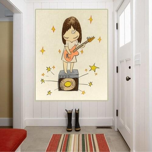 Citon Yoshitomo Nara《Guitar Girl》Canvas Oil painting Artwork Poster Picture Modern Wall decor Home Living room Decoration