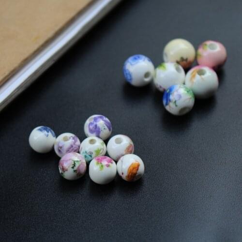 8mm 10mm 12mm Ceramic Beads Round White with Brown Blossom Flower For jewelry Bracelet Necklace Earring making DIY Craft Charms