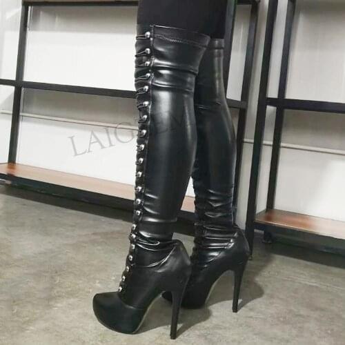 LAIGZEM SUPER Women Long Boots Stiletto High Heels Boots Faux Leather Knee High/ Over Knee Boots Botines Mujer Big Size 34-52