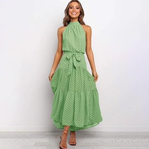 Summer Boho Long Dress Women Sexy Sleeveless Polka Dot Print Casual Dresses 2021 Fashion Woman Green Holiday Beach Vestidos