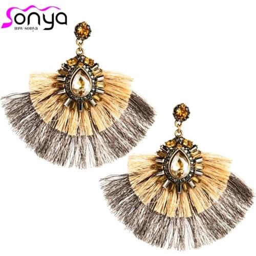 Exaggerated Alloy Rhinestone Statement Earring Glass Drill Multi Layer Tassel Earrings Retro Ethnic Ear Jewelry Femme ET1388
