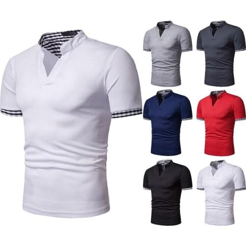 Mens Short Sleeved Polo Shirt Henry Collar Color Matching Pullover T-Shirt With Plaid Stitching Casual Patchwork Tops