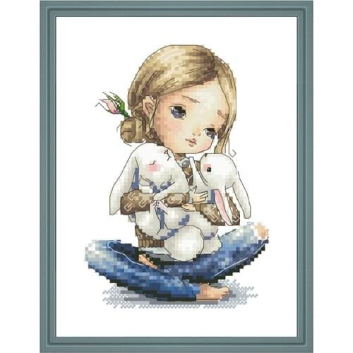 Girl hugging rabbit counted cross-stitch kit plant embroidery needlework 18ct 14ct 11ct white cloth DIY handmade