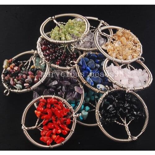 New Fashion 12pcs wholesale 40mm Tree of life - Multicolor Stone Wire Wrap Round Pendant Free Shipping WB374