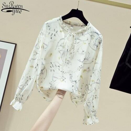 New Autumn Women Clothes Lace-up Floral Chiffon Blouse Long Sleeve Womens Shirt All-match Printed Top Female Pullover 11147