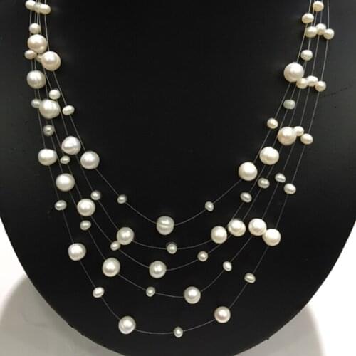 3-4MM7-8MM 5 layers Natural Fresh water Pearl Necklace White Pink(orange) Purple Flowing bride pearl necklace cute bridesmaid