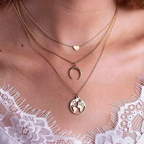 COWBREAD Heart Multiple Layers Necklace New Geometric Circle Map Simple Necklace Wild Clavicle Chain Neck Fashion Jewelry