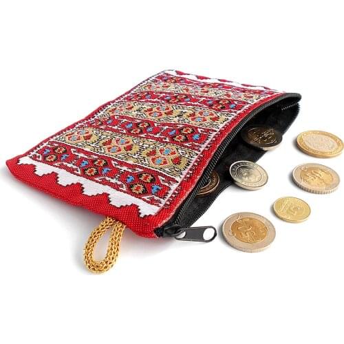 3 Pcs | Handmade Red-Yellow Turkish Carpet Pattern Women Wallet With Zipper | Gift Jewelry Bag Ideas for Moms