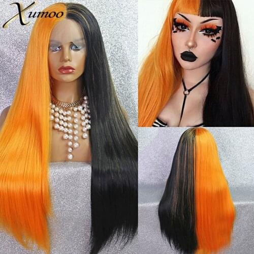 New Arrive Half Orange Half Black Wig Synthetic Lace Front Wig Glueless Long Bone Straight Cosplay Party Wigs For Black Women