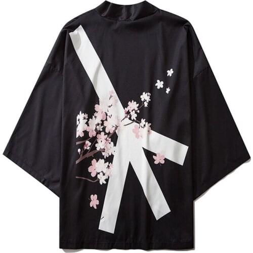 Harajuku Japanese Waves Casual Print Flower Kimono Streetwear Men Thin Robe Clothing Women Cardigan Chinese Character 2020