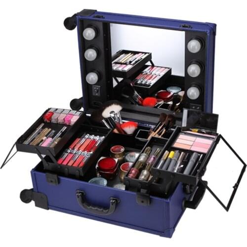 Professional Rolling Makeup Artist Studio Cosmetic Case Lights Mirror Beauty Box Trolley