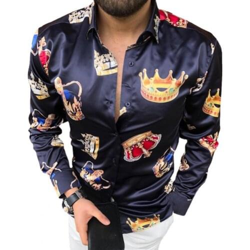 Crown Print Men Shirt Turn-down Collar Smooth Long Sleeve Buttons Slim Shirt Streetwear Print Men Shirt