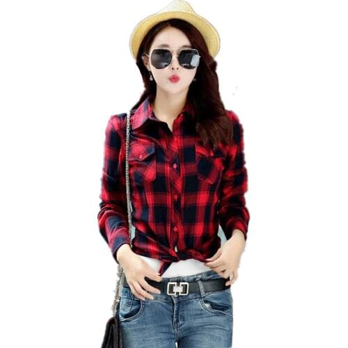 Spring and Autumn long sleeve Cotton checkered shirts Blouse British Womens Casual Red and Balck Plaid Shirt Clothes for Female