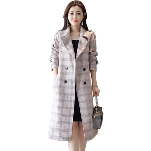 High quality Plaid Trench Coat Women 2019 Spring Autumn Slim Windbreaker Long Coat Female Belt Casual Tops Plus size Women A2516