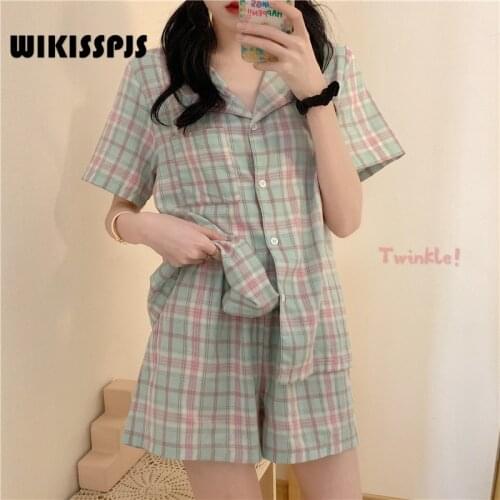 WIKISSPJS 2021 Summer New Korean Sweet Lovely Green Powder Lattice Short Sleeve Pajamas Home Wear Suit Women Lounge Wear