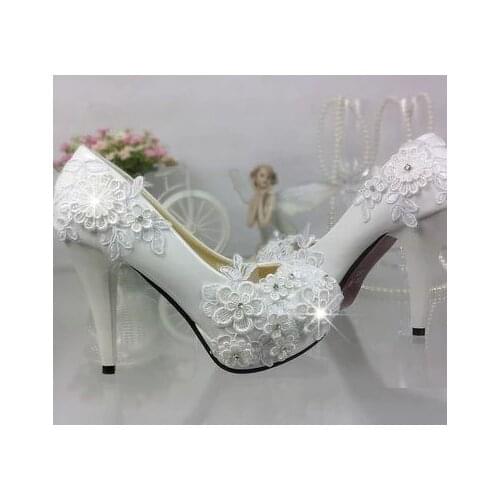PLUS SIZE wedding shoes white for woman lace flowers handmade bridal shoes TG303 round toe low med high heel brides shoes