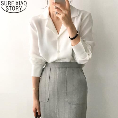 Women White Long Sleeve Shirts OL Style 2021 Spring Notched Suit Collar Womens Tops and Blouses Feminine Loose Clothes 9379 50